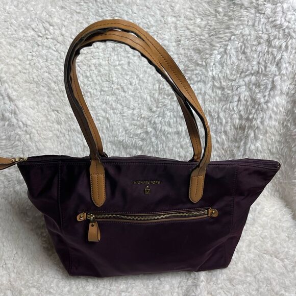 Michael Kors Nylon Aubergine  large tote tan leather straps,gold tone hardwares - Picture 1 of 13